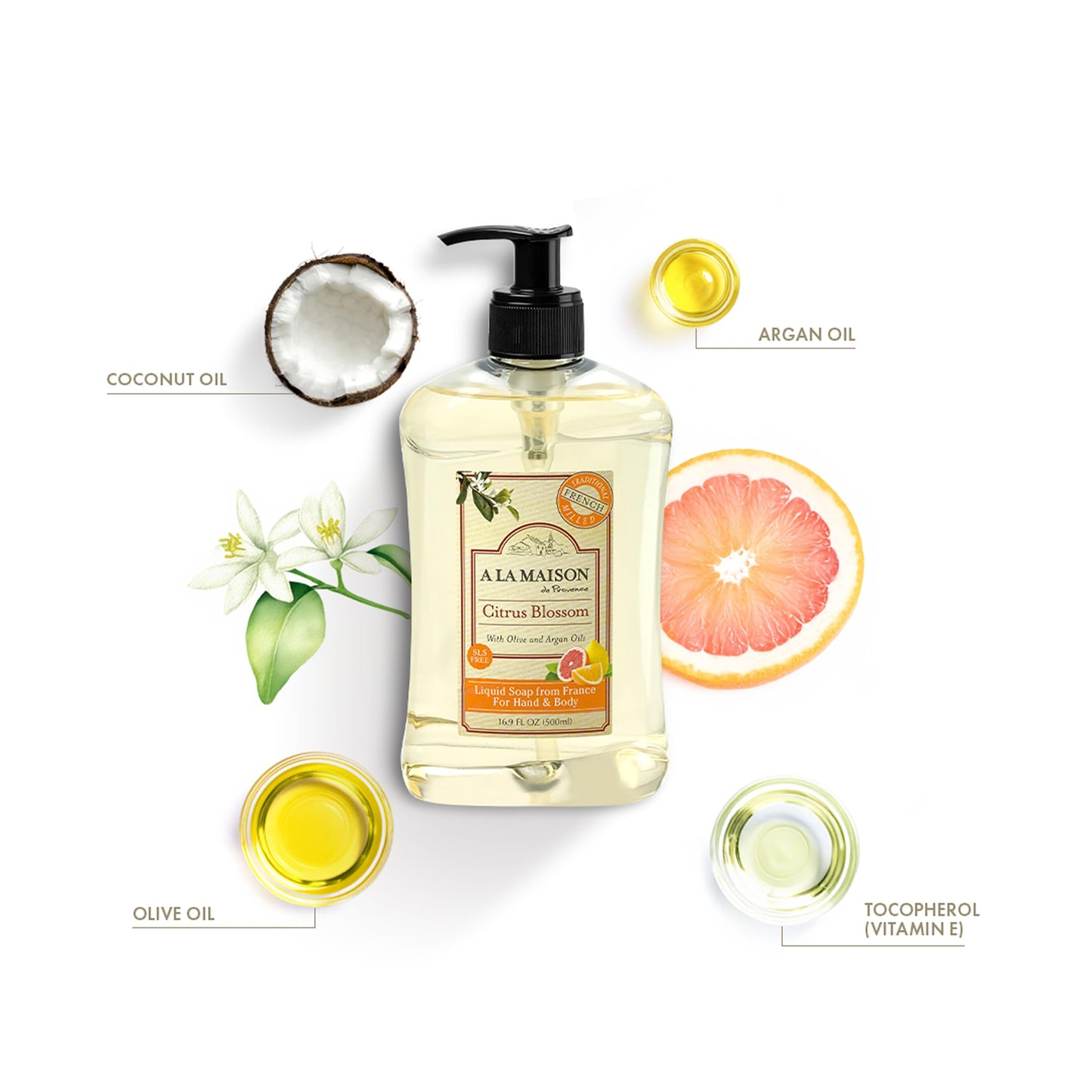 A LA MAISON French Liquid Hand Soap, Citrus Blossom - Natural Hand Wash Made with Essential Oils - Biodegradable, Plant-Based, Vegan, Cruelty-Free