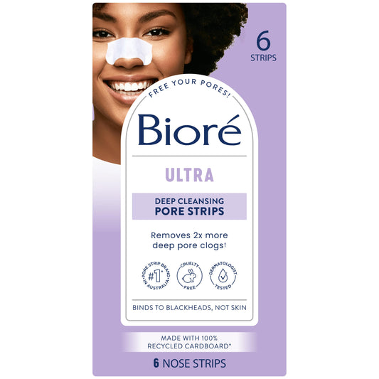Bioré Witch Hazel Ultra Cleansing Pore Strips, Nose Strips, Clears Pores up to 2x More than Original Pore Strips, 6 Ct, features C-Bond Technology