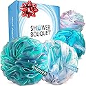 SHOWER BOUQUET Loofah-Bath-Sponge XL Swirl-Mix-Color 4-Pack // Extra-Large 75g Mesh Luffa Loofa Loufa Puff Pouf Set/Exfoliating Body Scrubber