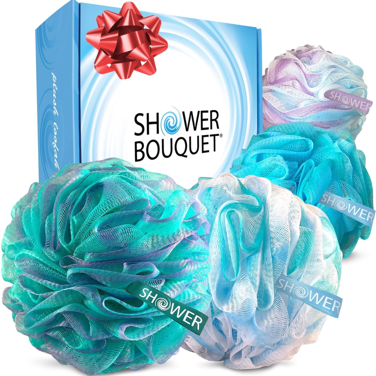 SHOWER BOUQUET Loofah-Bath-Sponge XL Swirl-Mix-Color 4-Pack // Extra-Large 75g Mesh Luffa Loofa Loufa Puff Pouf Set/Exfoliating Body Scrubber