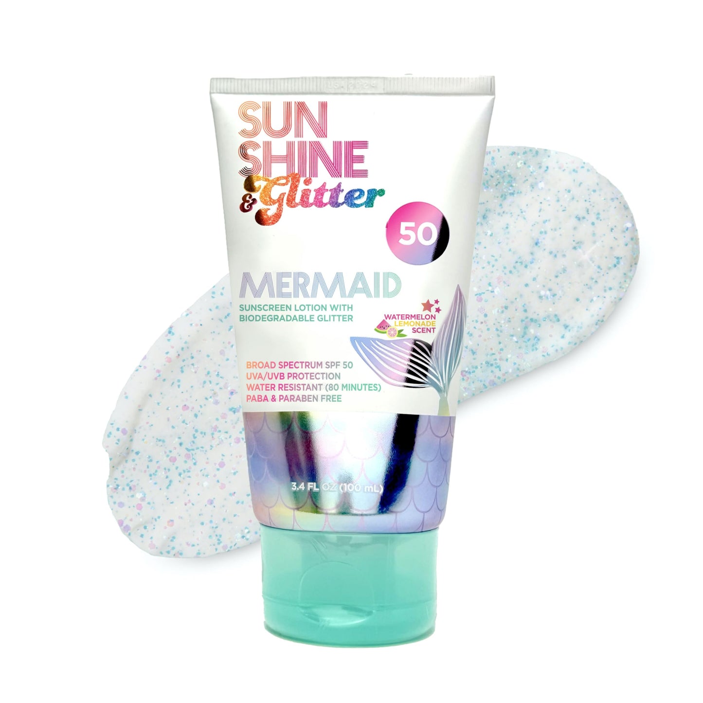 NEW! SUNSHINE & Glitter- Seastar Sparkle - Mermaid Watermelon Lemonade Scented Sunscreen lotion - SPF 50 - Biodegradable Glitter Sunscreen, Water