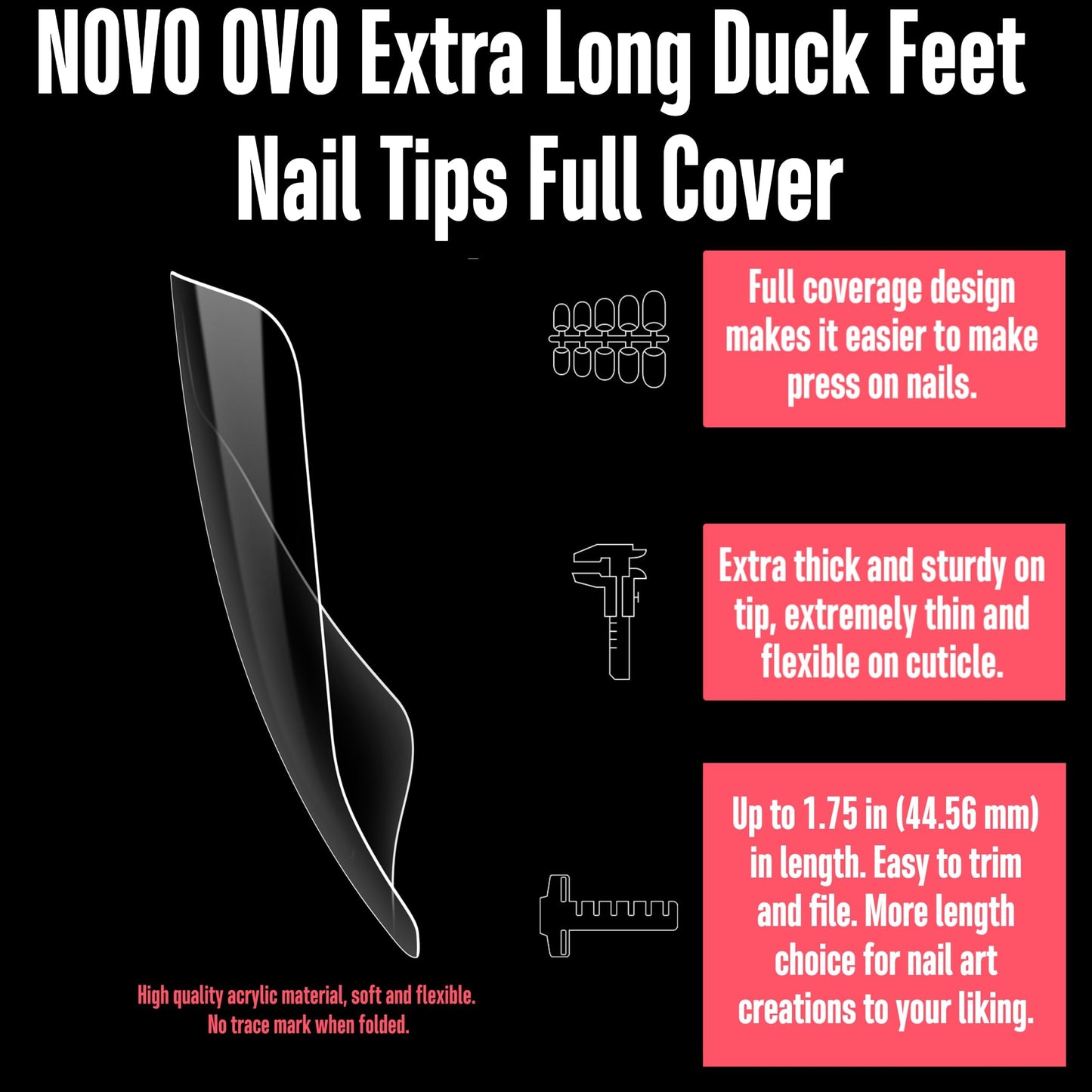 NOVO OVO 120 pcs Extra Long Duck Nail Tips Full Cover for Acrylic, Clear XL XXL Flare Feet Nails Press On, Y2K Vibe Wide French Soft Gel False Nail