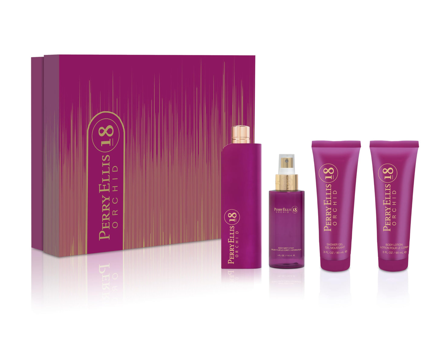 Perry Ellis 18 Orchid 4-Piece Gift Set - Perfume Gift Sets for Women, EDP, Luxury Women's Self Care Kit with Eau de Parfum, Body Mist, Shower Gel