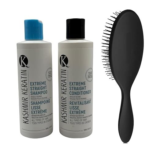 Bundle 3 Items: Extreme Straight Keratin Shampoo 8 oz, Extreme Straight Keratin Conditioner 8oz and Paddle Brush, Frizz Free & Control, Sulfate Free