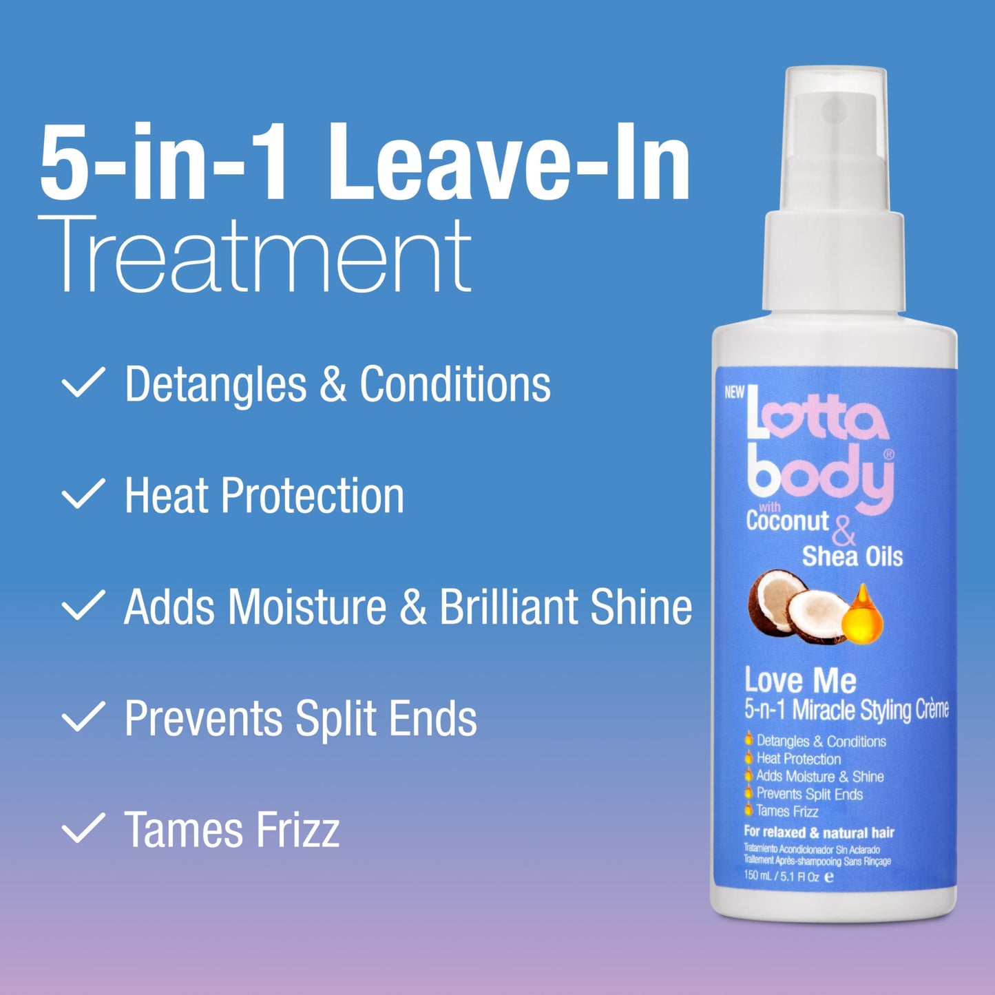 Lottabody Love Me 5-n-1 Leave-In Treatment with Coconut & Shea Oils, Lightweight, All-In-One, Leave-In Spray for Detangling Heat Protection Moisture