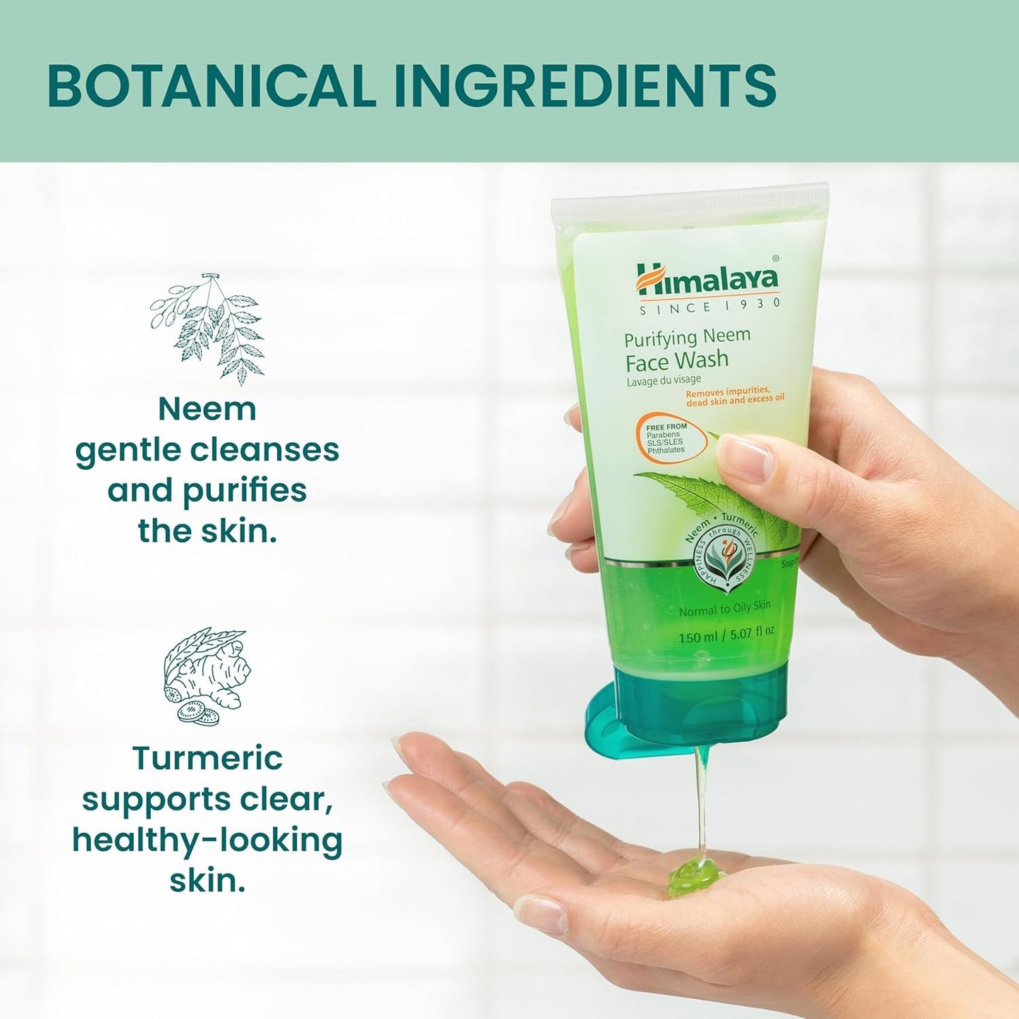 Himalaya Purifying Neem Face Wash, Normal to Oily Skin, Turmeric, Vegan, Cruelty Free, Soap and Paraben Free, Dermatologically Tested, SLS/SLES Free