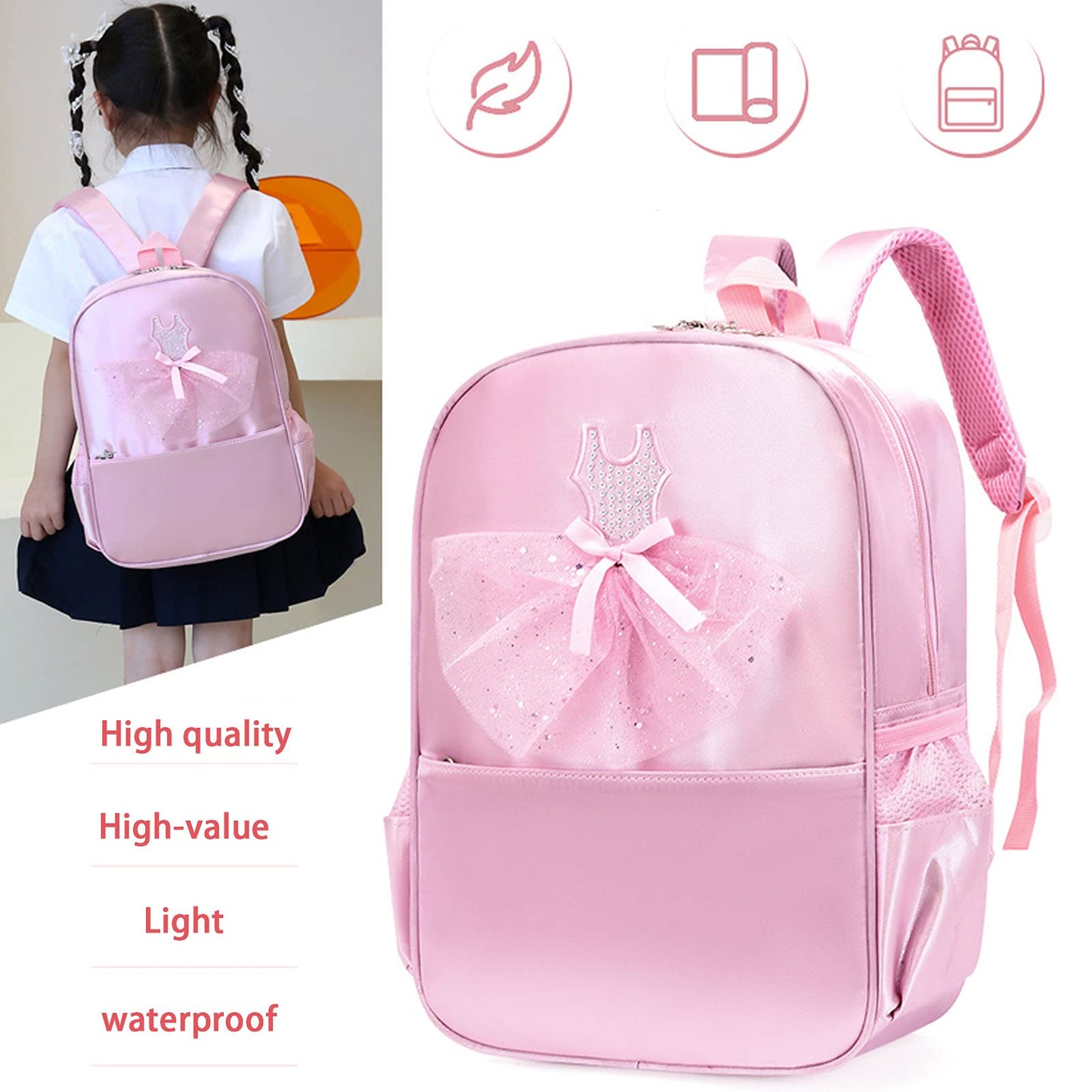 Girls Dance Bag Nylon Backpack Pink Ballet Little Girl Storage Bag, Sequin Decoration Children's School Bag