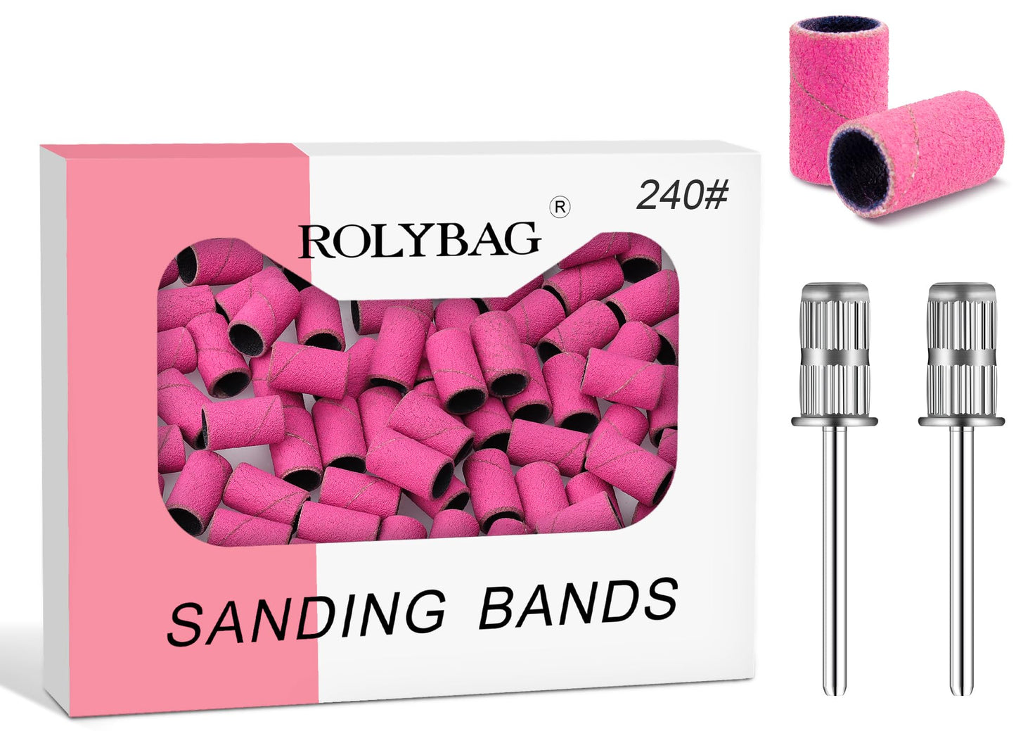 Rolybag Sanding Bands for Nail Drill, 240 Grit Sanding Bands Include 100 Fine Grit Sanding Band and 2 Pcs Mandrel Bit for 3/32" Nail Drill Machine