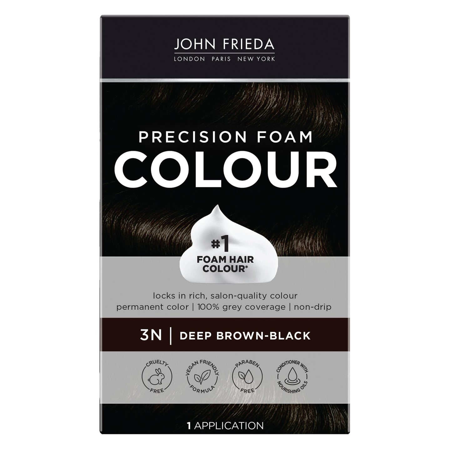 John Frieda Precision Foam Colour, Deep Brown Black 3N, Full-coverage Hair Color Kit, Anti-Fade Gray Coverage, Deep Color Saturation Hair Dye, 1