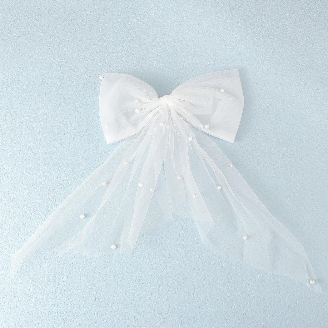 JEAIRTS Bridal Hair Bow Veil Pearl Wedding Hair Piece White Tulle Bow with Clip Bachelorette Party Hair Accessories for Women