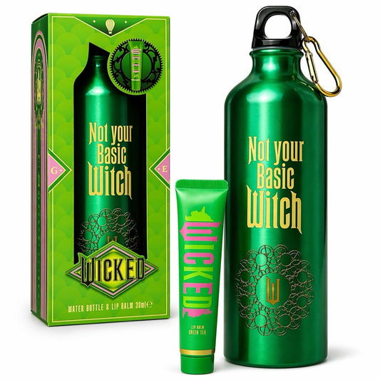 Wicked “Not Your Basic Witch” Gift Set - Green Metal 750ml Water Bottle with Carabiner Clip & Green Tea Lip Balm - Fun Witchy Accessories & Self-Care Beauty and Personal Care Corsair Toiletries