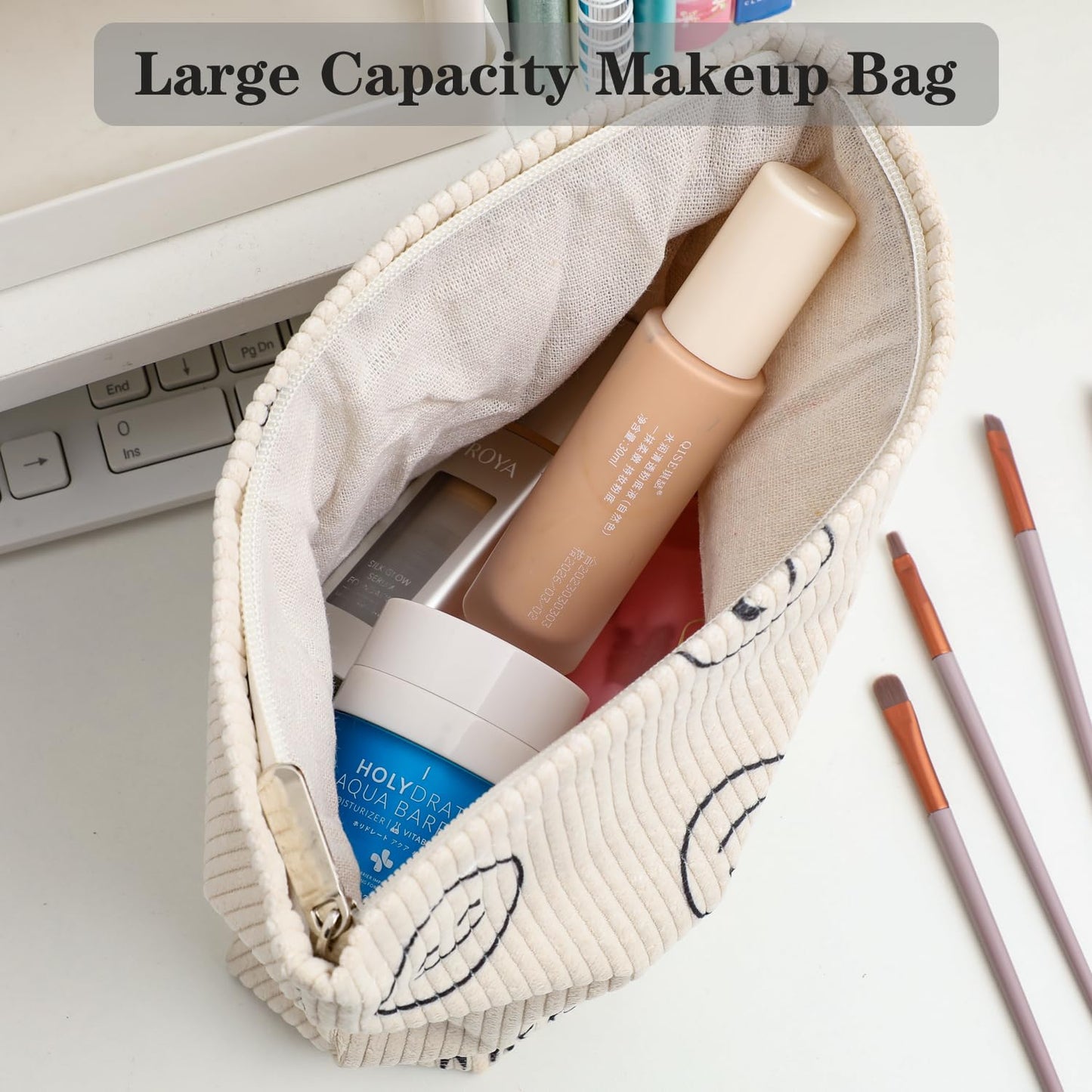 Wudimeitt Cosmetic Bag – Preppy Cute Corduroy Makeup & Toiletry Bag for Women, Travel Essentials Organizer Pouch (Full Beige)