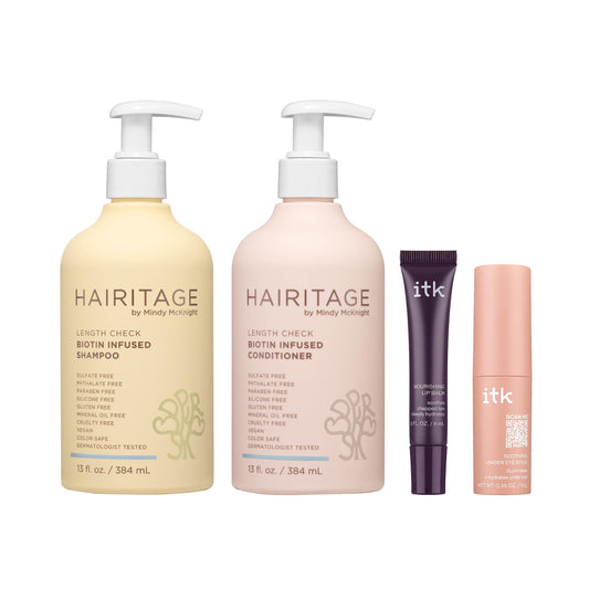 Hairitage x ITK Set_Hairitage Biotin Castor Oil Shampoo & Conditioner, ITK Depuff Eye Stick + Lip Balm - Shea Butter, Coconut Oil, Vitamin E Lip Balm Beauty & Personal Care Hairitage