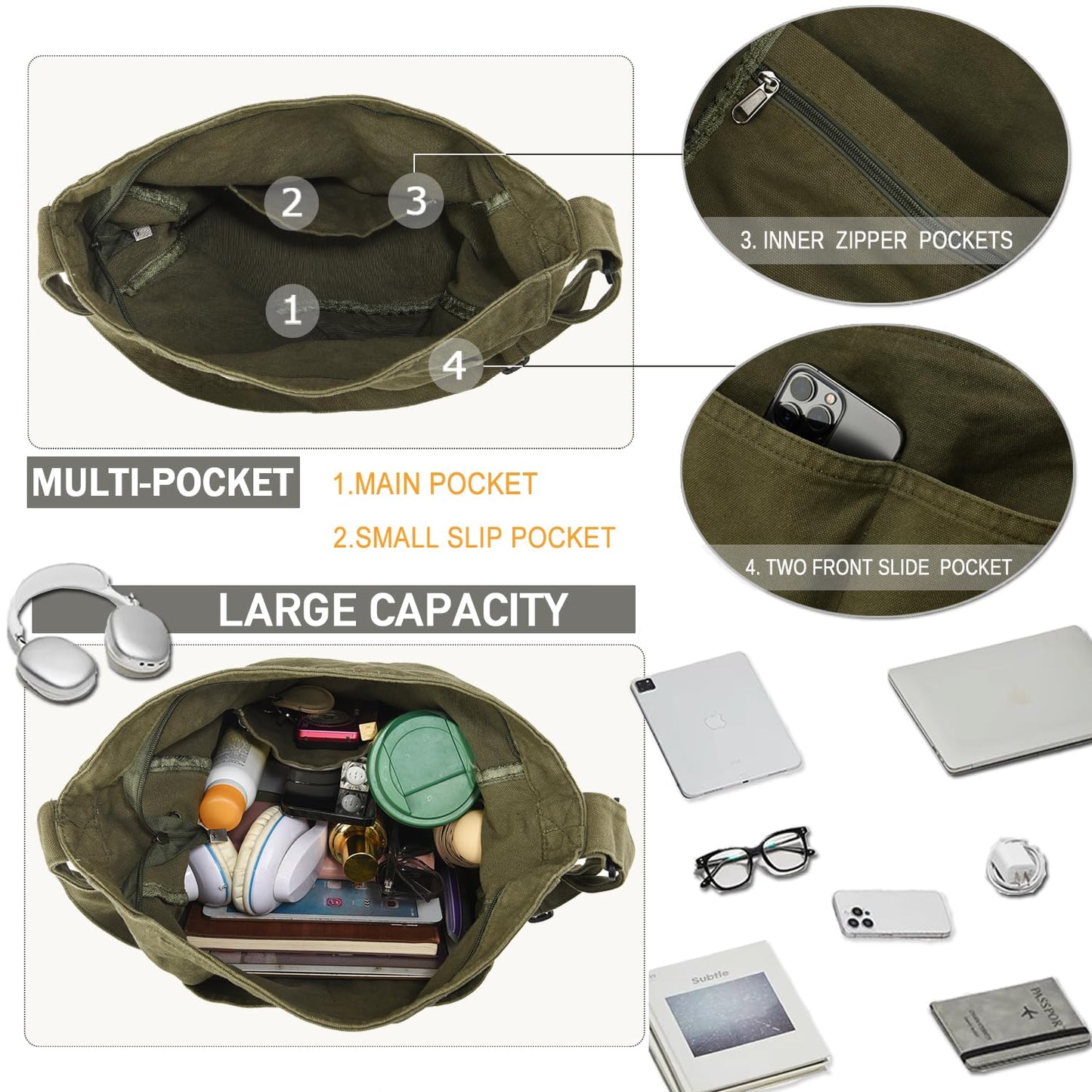 DAINAOTM Canvas Tote Bag Casual Hobo Crossbody Shoulder Bag for Women and Men Large Purse Messenger Bag Travel Work