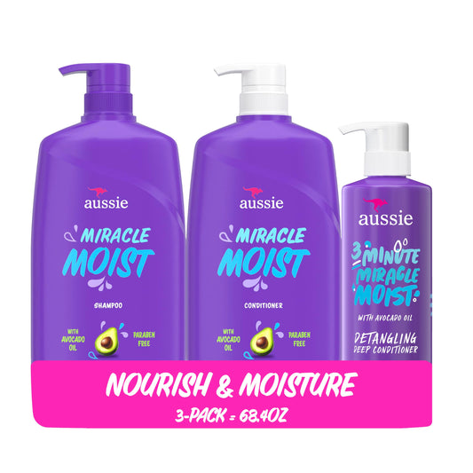 Aussie Miracle Moist Shampoo and Conditioner with 3 Minute Miracle Deep Conditioner, Avocado & Jojoba Oil, Paraben-Free, Moisturizes & Detangles, All