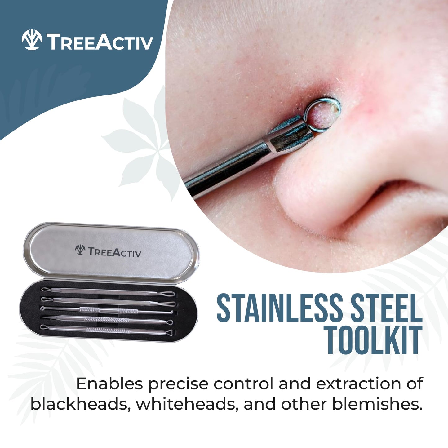 TreeActiv Pimple Popper Tool Kit with Face Wash and Acne Patches, Professional Blackhead Remover Tools Facial Kit, Stainless Steel Blackhead Extractor