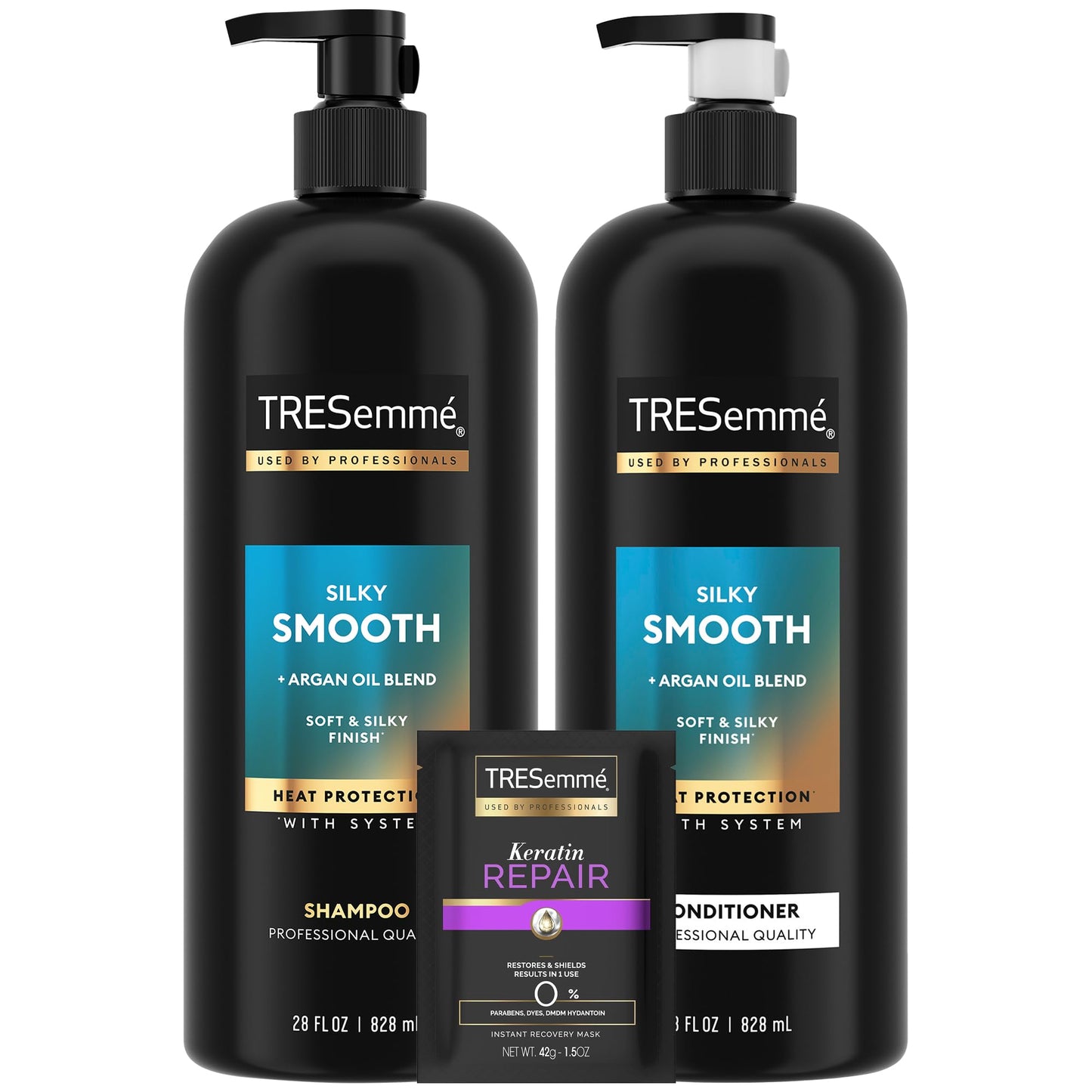 TRESemmé Shampoo and Conditioner Set, Silky & Smooth + Keratin Repair Hair Mask - Anti-Frizz Hair Products with Argan Oleo Blend (3 Piece Set)