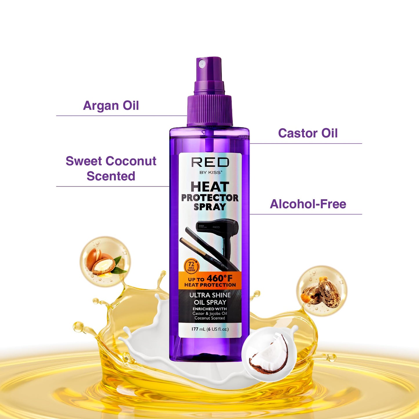 Red by Kiss Heat Protector Ultra Shine Oil Spray - Thermal Protection up to 460°F, Anti-Frizz, Hydration, and Strength for Hair (6 Fl Oz) - Style
