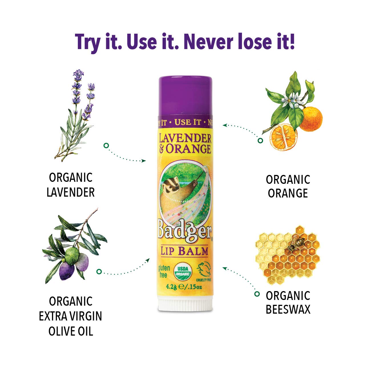 Badger - Classic Lip Balm, Lavender & Orange, Made with Organic Olive Oil, Beeswax & Rosemary, Certified Organic, Moisturizing Lip Balm, 0.15 oz