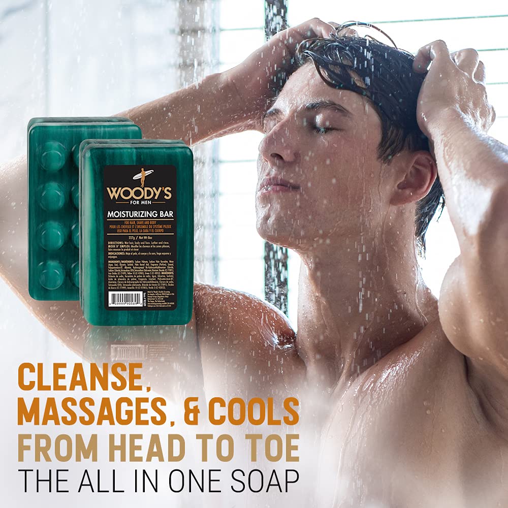 Woody's 3-in-1 Moisturizing Bar for Men, For Hair, Shave, and Body, All-Purpose Massage Bar Soap, Gentle Massage, Adds Moisture, for All Hair and Skin