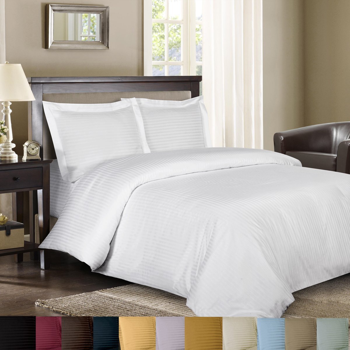 Royal Hotel Bedding Stripe White King Size Pillowcases, 2PC Pillow Cases, 100% Cotton, 300 Thread Count, Sateen Striped