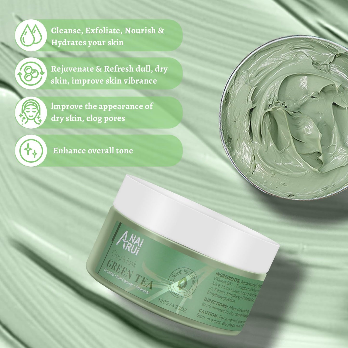 ANAI RUI Green Tea Mask, Clay Mask for Poreless Deep Cleanse, Green Tea Face Mask Blackhead Remover with Kaolin, Aloe, Collagen, Pore Minimizer