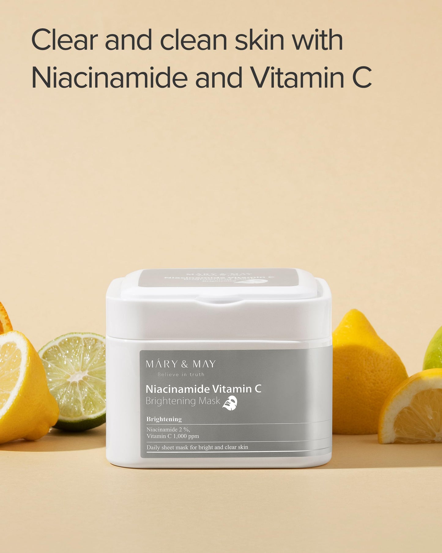 Mary&May Niacinamide Vitamin C Mask | 30 Sheets | Daily Korean Face Mask | Hydrates, Boosts Elasticity, Strengthens Skin Barrier & Reduces Dark Spots