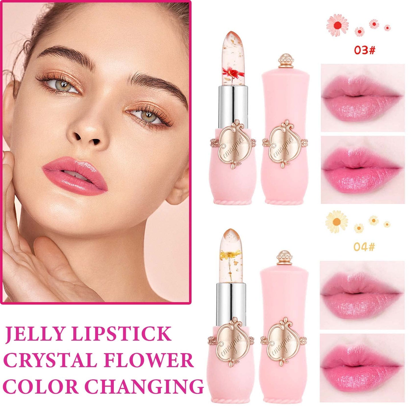 WENJLYJ 2PCS Crystal Flower Jelly Lipstick,Clear Lipstick with Flower Inside Magic PH Temperature Color Changing Lip Stick Tinted Lip Balm,Long