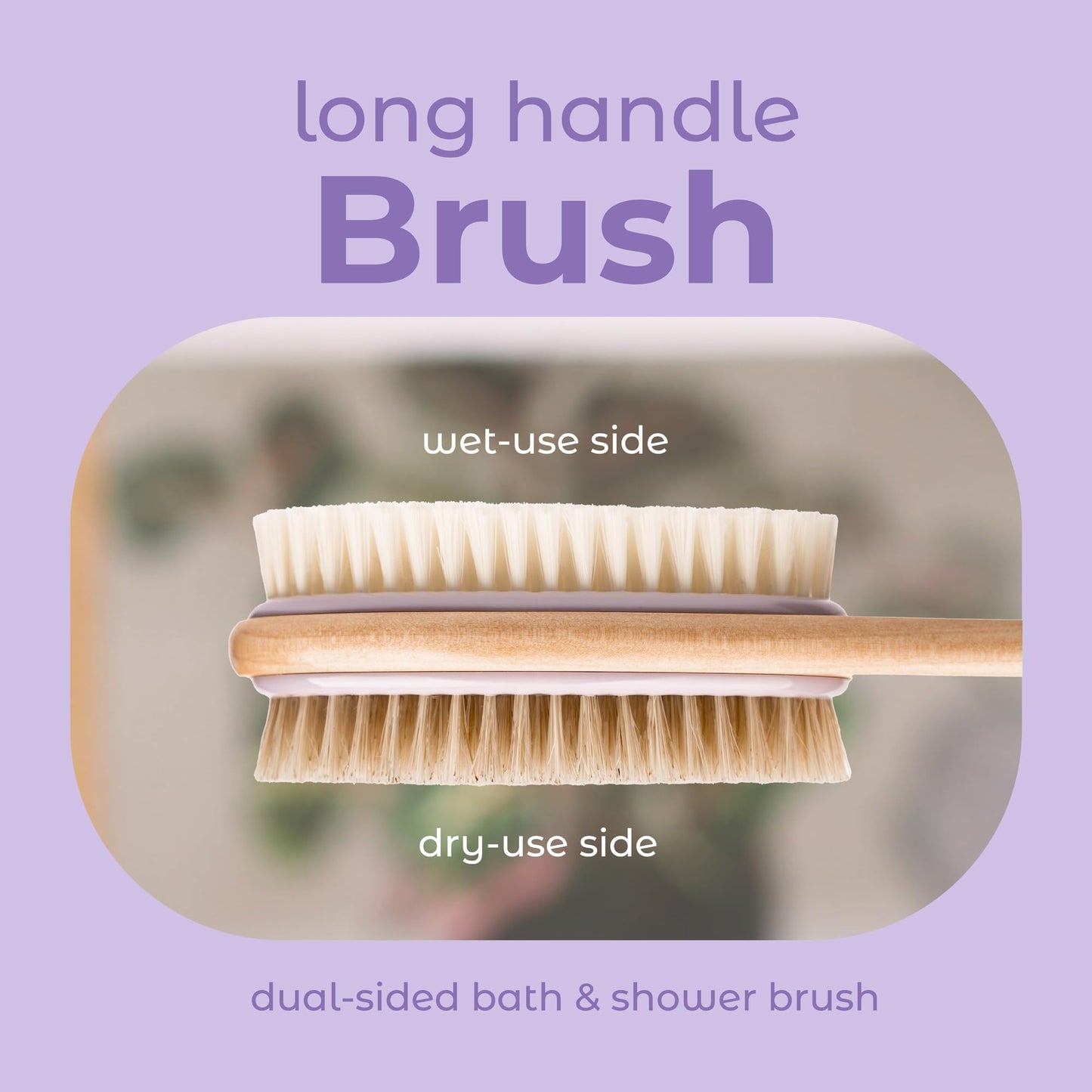 MainBasics Back Scrubber for Shower - Long Handle Dual-Sided Brush for Body Wash & Scrubbing with Exfoliating & Soft Bristles (Lavender, Wood)