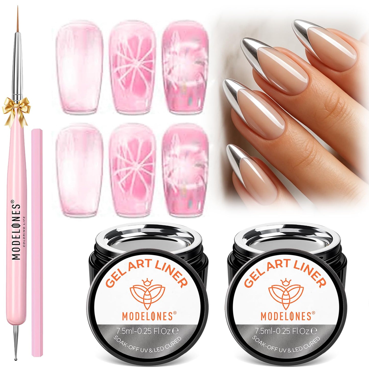 modelones Silver Gel Nail Polish, Metallic Nail Polish Soak Off Nail Lamp Acid Free Metallic Liner False Nails Gel Detailed Manicure LED Cured at Home Beauty and Personal Care modelones Default Title