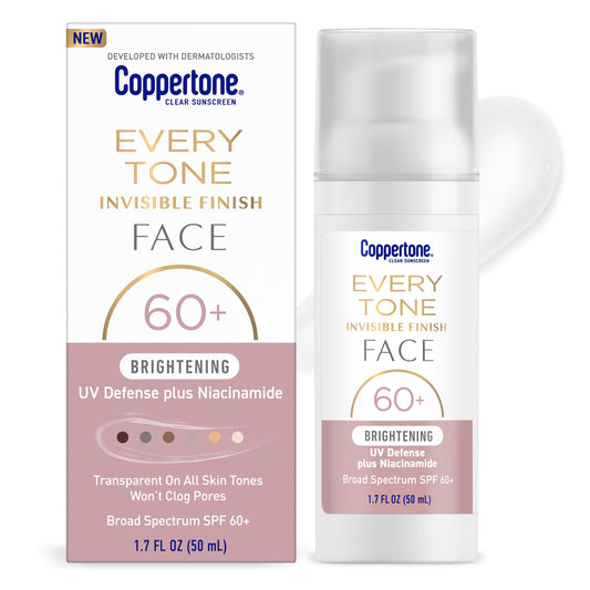 Coppertone Every Tone Invisible Finish Brightening UV Defense Face Sunscreen SPF 60+ with Niacinamide, Lightweight, Blends in Clear Sunscreen for All