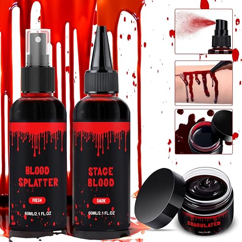 Halloween Fake Blood Makeup Kit 3PCS, Blood Spray 2.1oz, Dripping Blood 2.1oz, Coagulated Gel 1.41oz, Washable SFX Makeup Set for Vampire Zombie