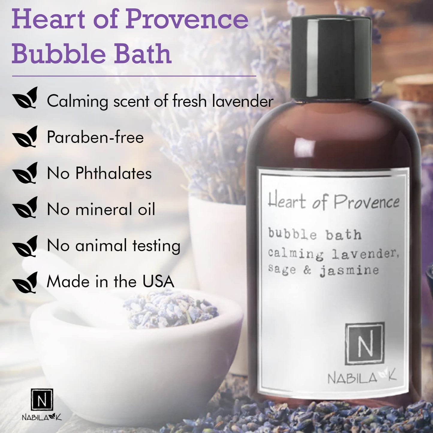 Nabila K Heart of Provence Travel Size Bubble Bath with Lavender, Sage & Jasmine - Natural & Organic, Sulfate-Free, Tear-Free - Aromatherapy Bath Soak Beauty and Personal Care Nabila K