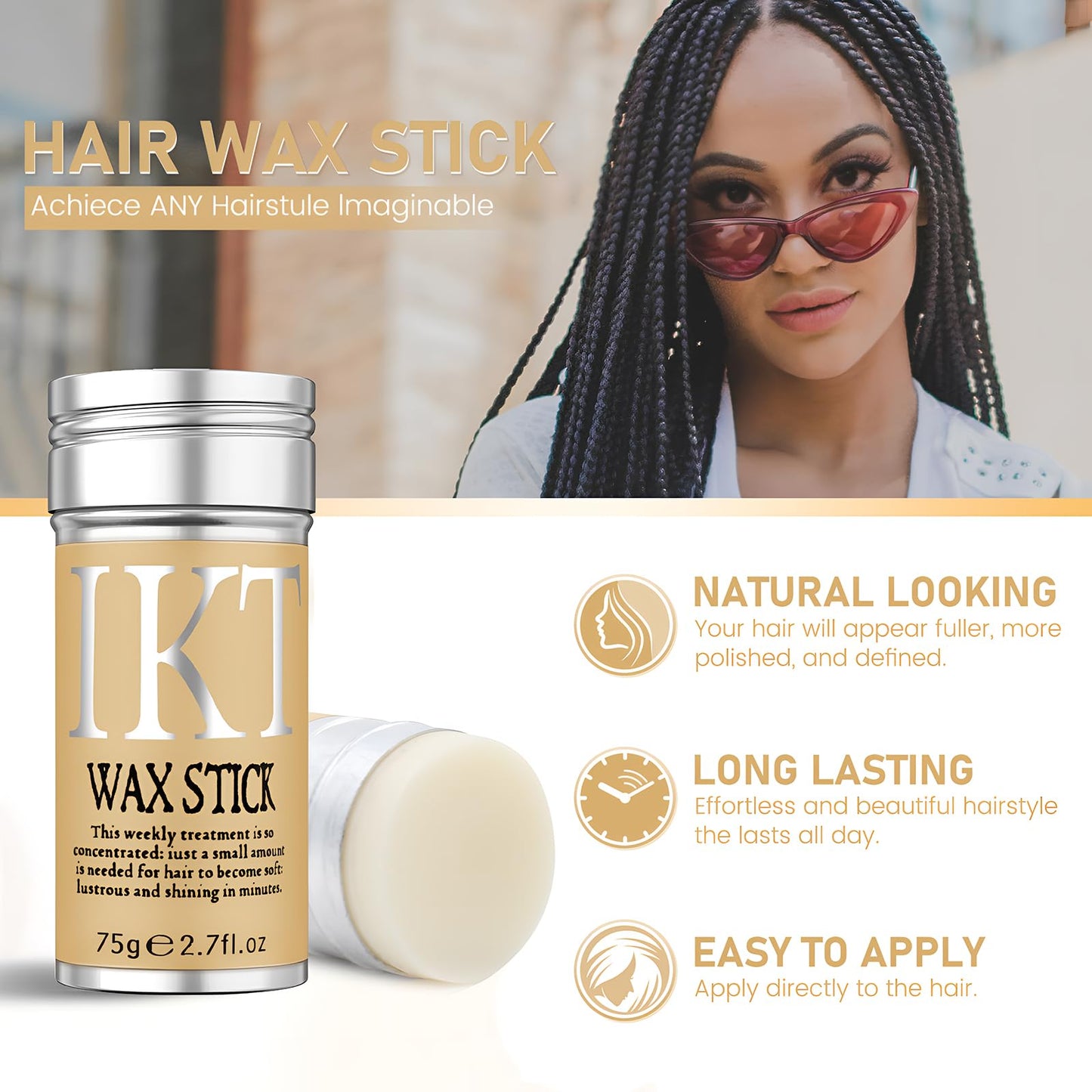 VOLLUCK Hair Wax Stick for Wigs, Edge Control Slick Stick Hair Pomade 2.7Oz Stick Non-greasy Styling Wax, Temporary Hair Styling Product for Edge
