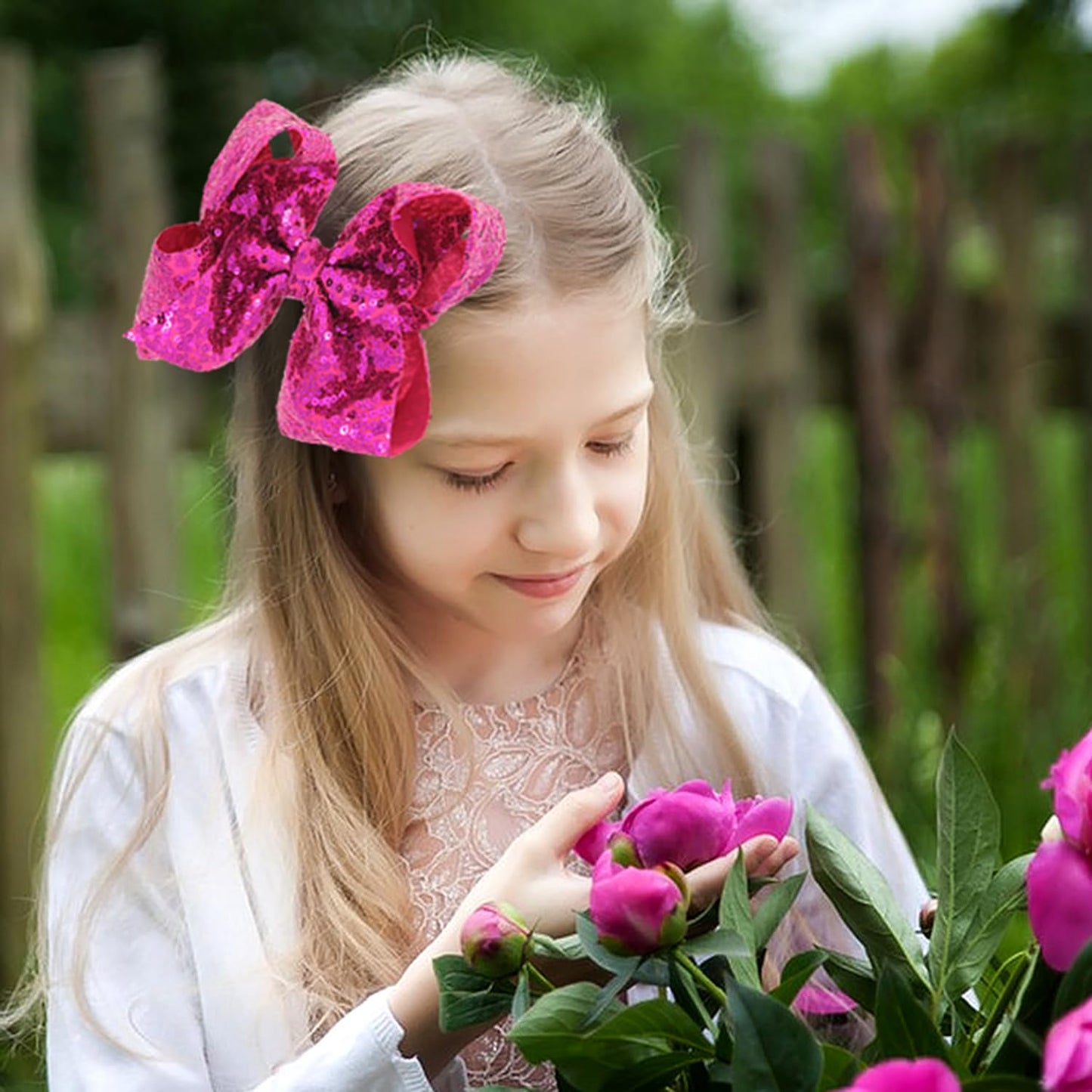 AMYDECOR 8 Inch Hot Pink Sparkly Glitter Sequin Hair Bows for Girls