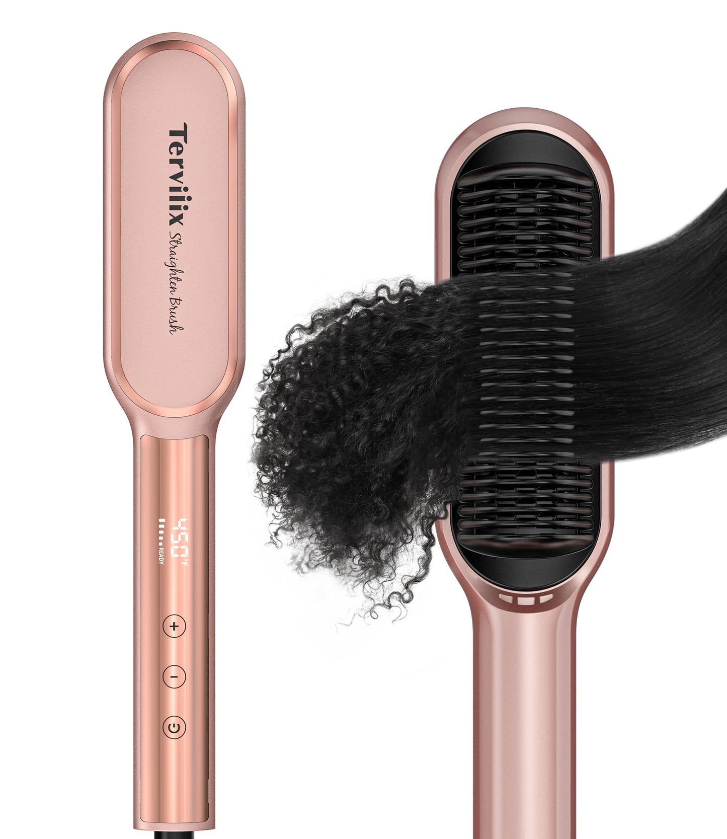 Terviiix Hair Straightener Brush Rose Gold - Ionic Anti-Frizz Hair Straightening Comb with MCH Heater, 13 Heat Settings, Fast Heating 20S, Dual