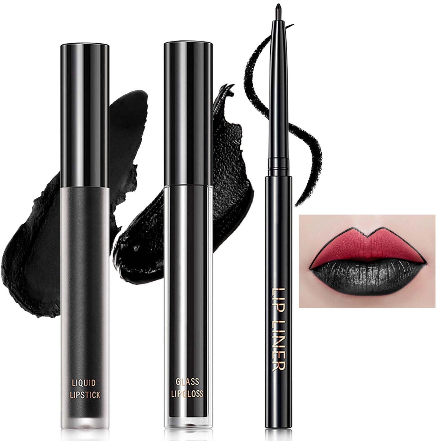 3 PCS Black Matte Liquid Lipstick and Lipliner Set,High Pigmented Matte Lipstick Lipgloss Black Lip Liner Set Long Lasting Waterproof Velvet Liquid