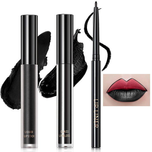 3 PCS Black Matte Liquid Lipstick and Lipliner Set,High Pigmented Matte Lipstick Lipgloss Black Lip Liner Set Long Lasting Waterproof Velvet Liquid