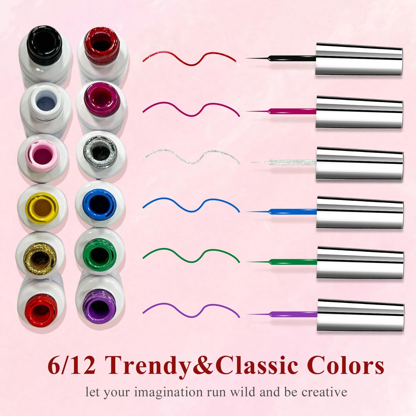 eodci Nail Art Gel Liner Set, 12 Colors Black Red Pink Yellow Green Glitter Fall Winter Gel Polish for Swirl French Tip Painting Designs Soak Off