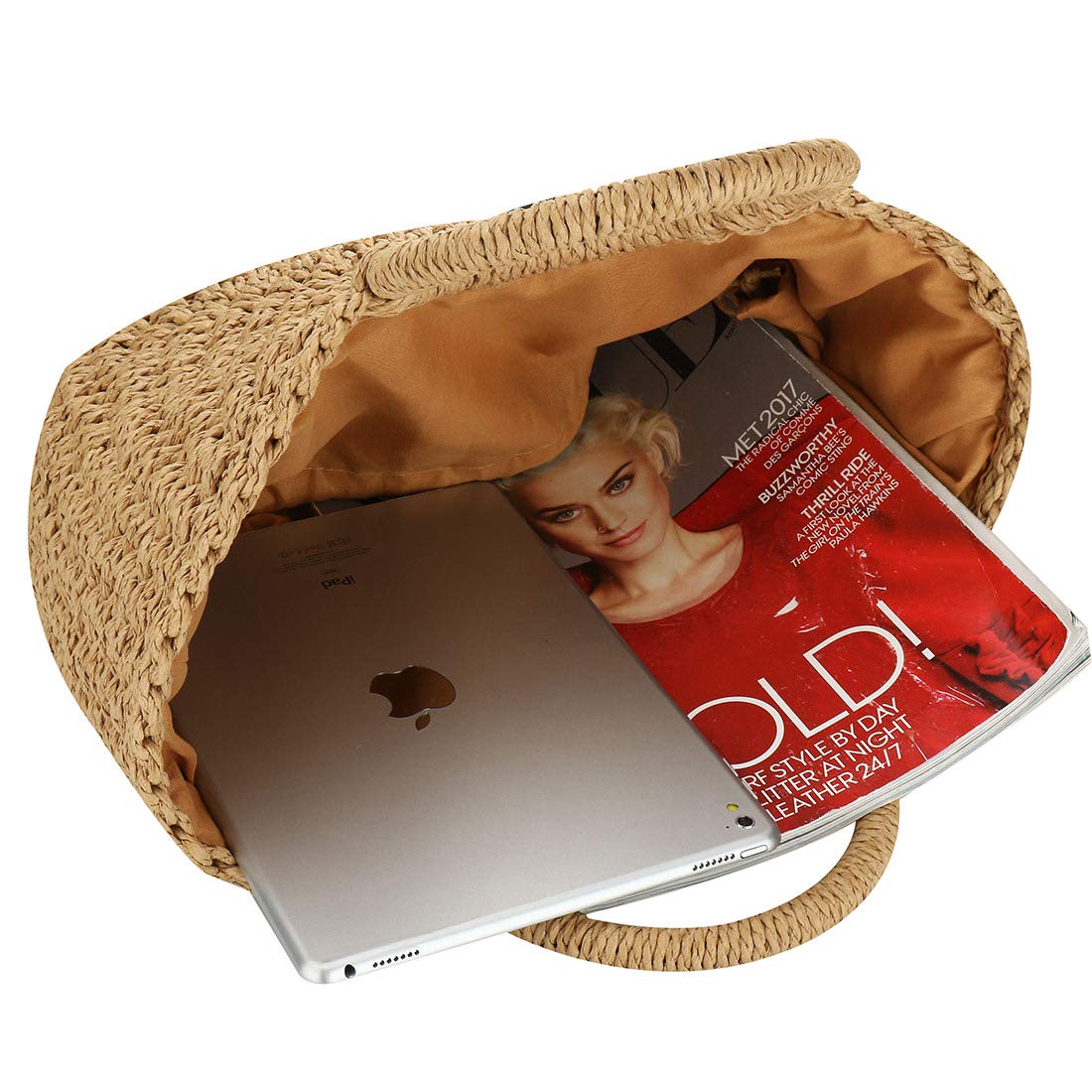 EROUGE Natural Chic Straw Bag Hand Woven Round Handle Handbags Retro Summer Beach Bag (Coyote brown)