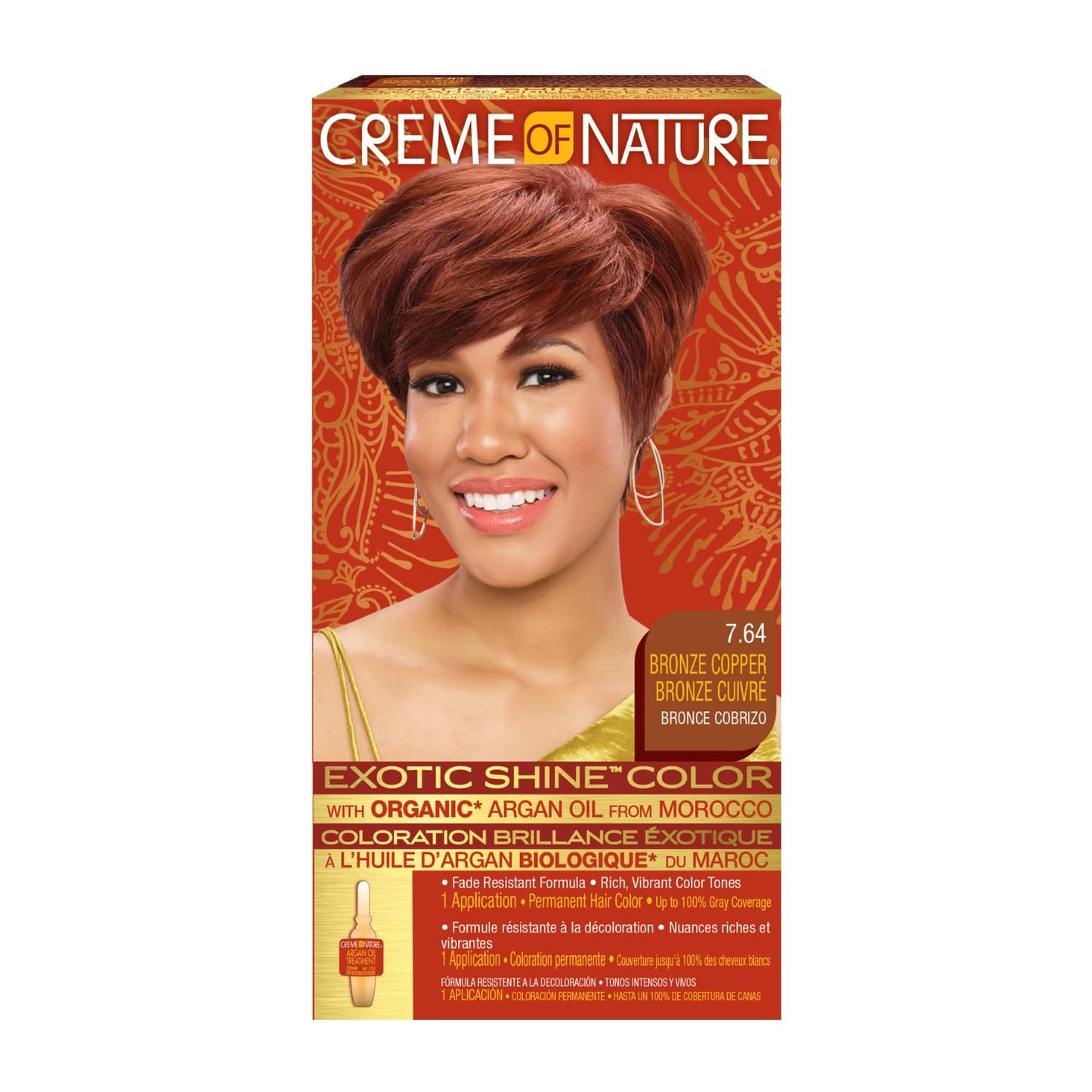 Exotic Shine Hair Color by Creme of Nature, 7.64 Bronze Copper, with Argan Oil from Morocco, 1 Application