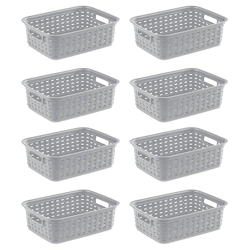 Sterilite 11 Inch Small Weave Open Bin Wicker Storage Basket Home Organizer Tote for Countertops, Bookshelves, and Closets, Cement, 8-Pack