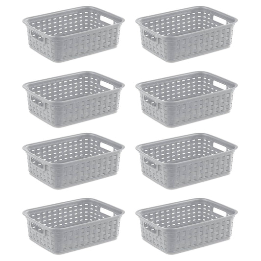 Sterilite 11 Inch Small Weave Open Bin Wicker Storage Basket Home Organizer Tote for Countertops, Bookshelves, and Closets, Cement, 8-Pack