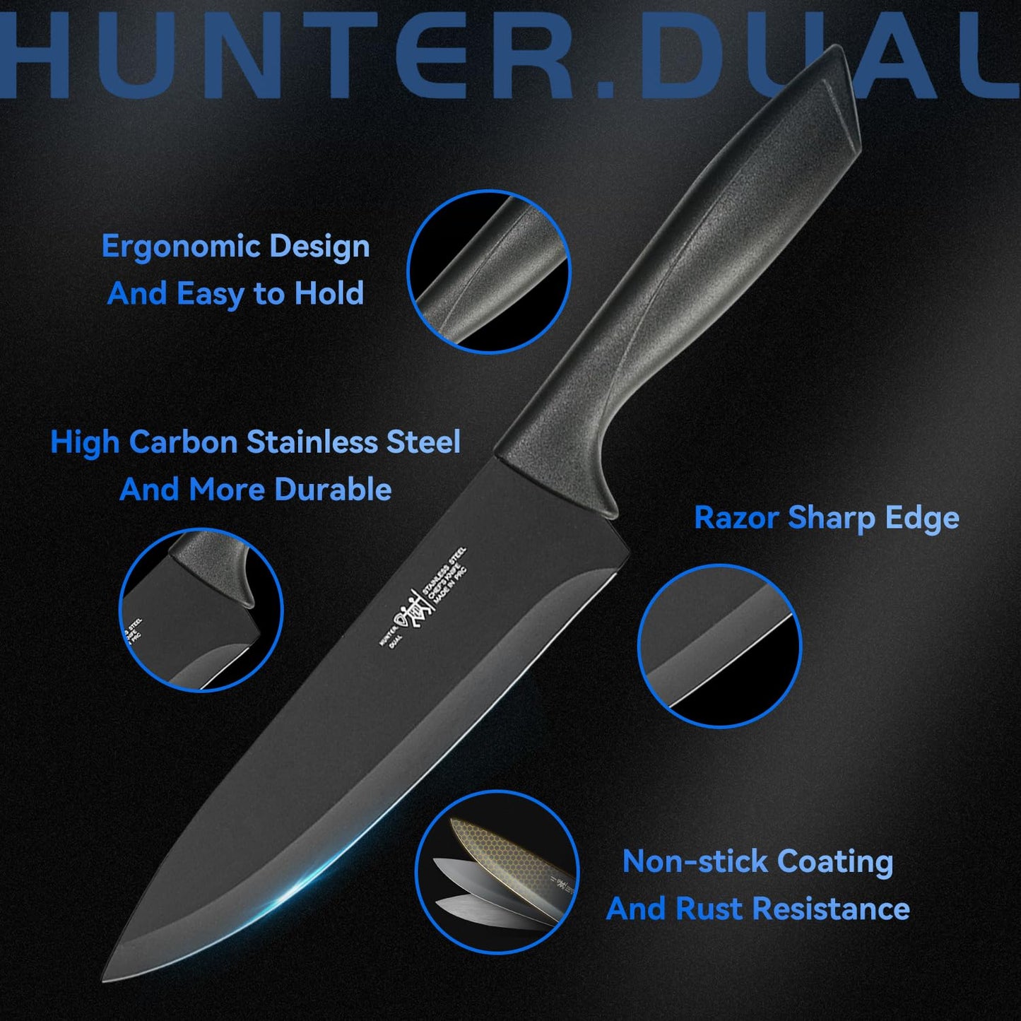 HUNTER.DUAL 8-Piece Chef Knife Set with Universal Block – Sharp, Anti-Rust, Ergonomic Design for Professional & Home Kitchens (Black)