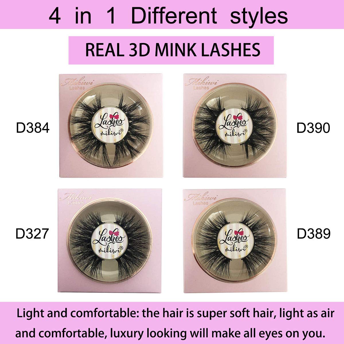 Mikiwi 3D Mink Lashes, 4 Styles Mink Eyelashes, Dramatic Eyelashes, Strip Lashes, 5D Mink Lashes, Pack-4