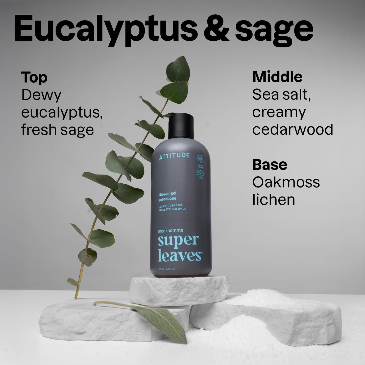 ATTITUDE Shower Gel Body Wash for Men, 98% Natural Origin Ingredients, Paraben & Phthalate Free, EWG Verified, Cleanses Without Drying, Eucalyptus