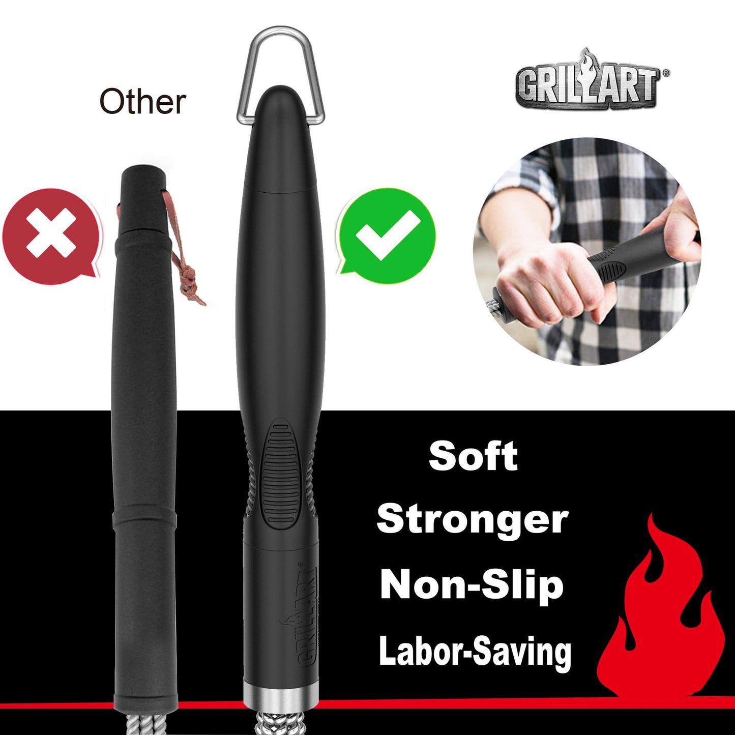 GRILLART Grill Brush & Scraper – Extra Strong BBQ Cleaner with Safe Wire Bristles for Gas & Charcoal Grills, Triple Scrubber BR-8115