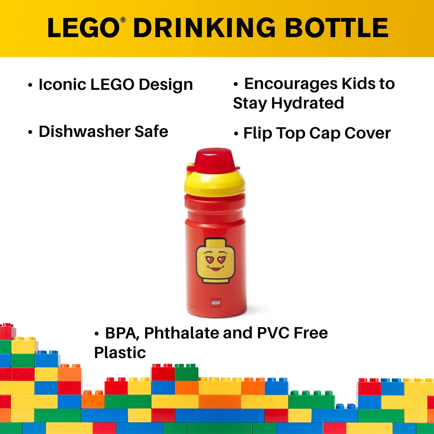 Room Copenhagen LEGO Iconic Girl Drinking Bottle - 13 oz - Fun and Practical Kids’ Water Bottle with Covered Spout, Sports Water Bottle, Red