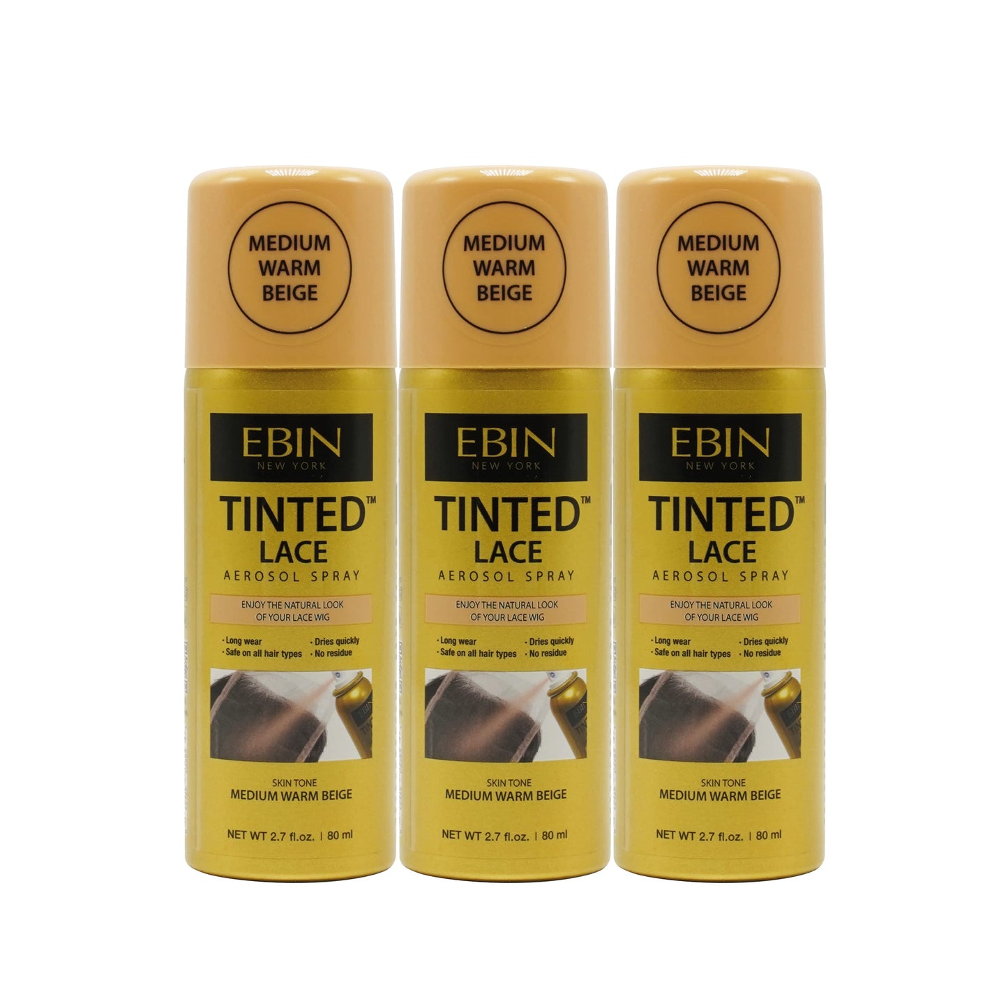 EBIN NEW YORK Tinted Lace Aerosol Spray 3pack - Medium Warm Beige 2.7 Oz/ 80 mL | Quick Dry, Water-Resistant, No Residue, Even Spray, Matching Skin