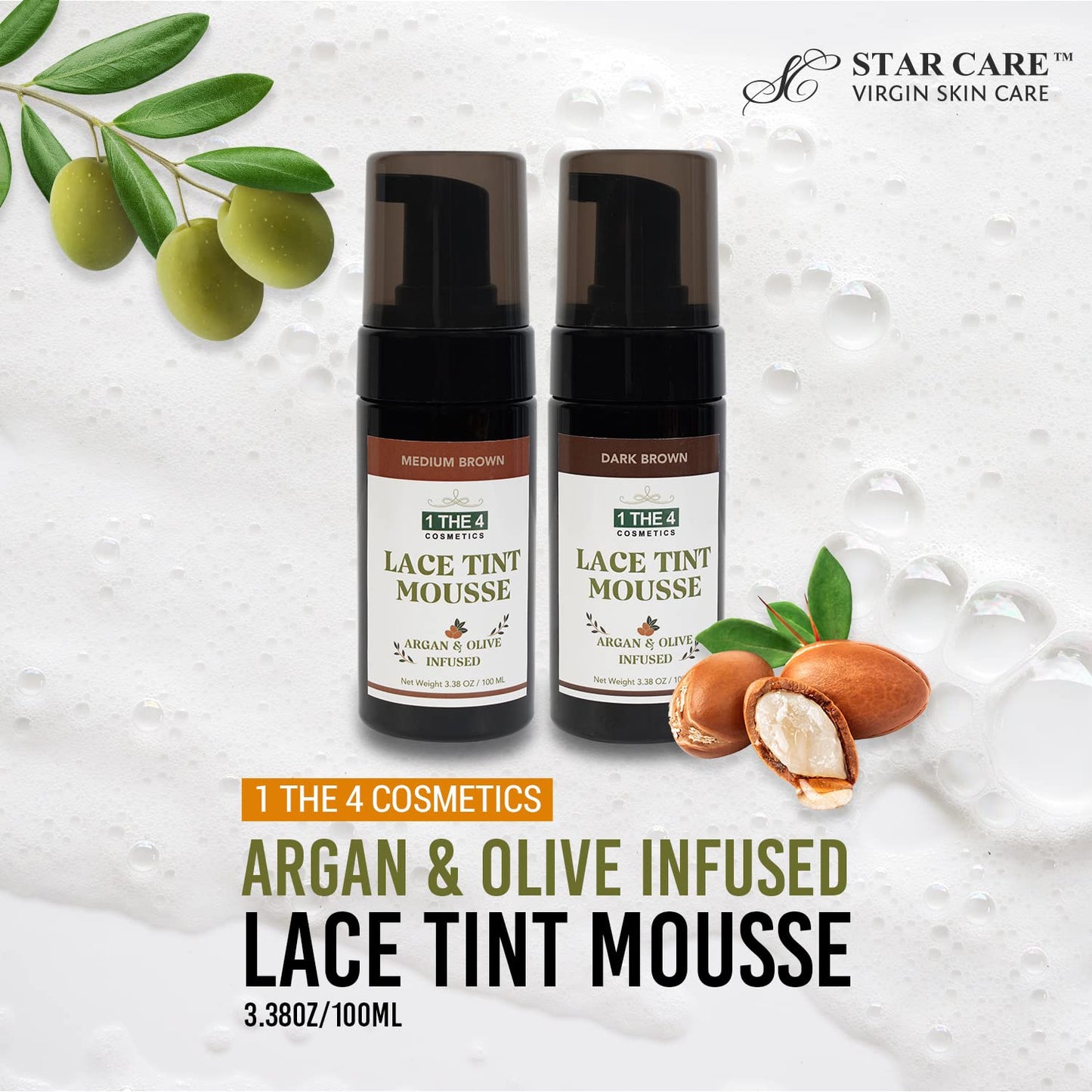 STAR CARE 1 THE 4 Cosmetics Argan & Olive Infused Lace Tint Mousse 3.38oz/ 100ml Concealer Tinted Mousse for Lace Wigs Hair Wigs Perfect Match Your